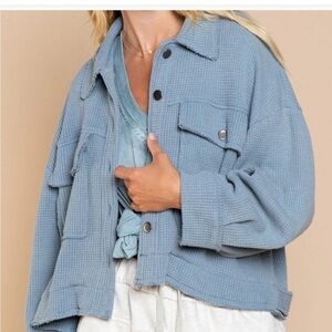 POL Waffle Knit Shacket Cropped Utility Jacket Womens Large Bluish Grey YKJ3